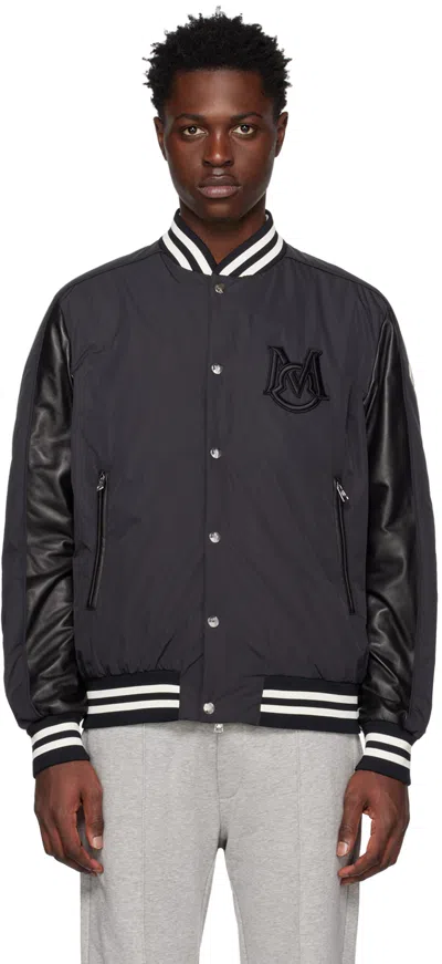 Moncler Black Detian Leather Down Bomber Jacket In 999 Black