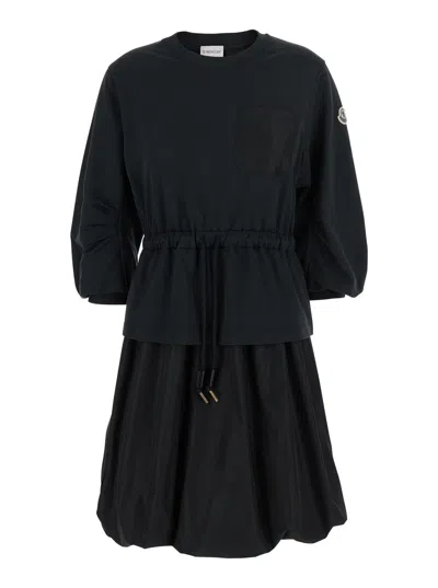 Moncler Black Dress With Elastic Waist And Logo Patch On The Sleeve In Tech Fabric Woman In Multicolor