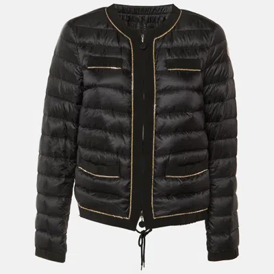 Pre-owned Moncler Black Embellished Trim Nylon Puffer Down Jacket L