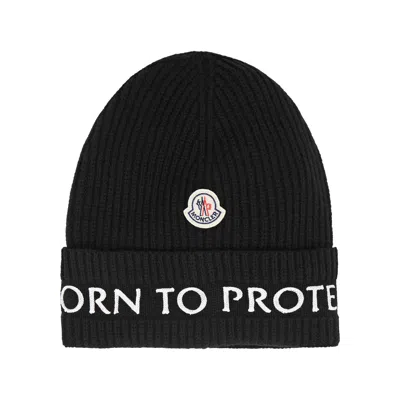 Moncler Black Embroidered Wool Beanie