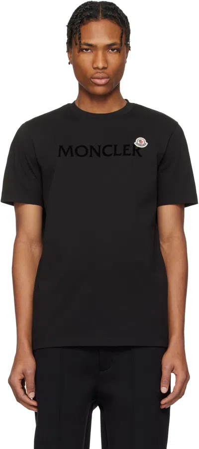 Moncler Black Flocked Logo Cotton T-shirt In 999