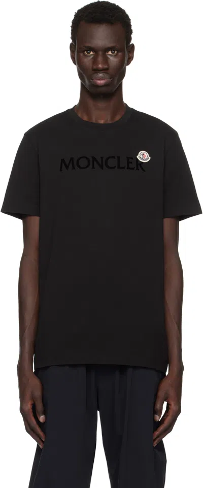 Moncler Flocked Logo Cotton T-shirt In Black