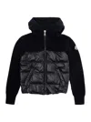 Moncler Black Hooded Cardigan With Logo Patch In Wool And Tech Fabric Boy