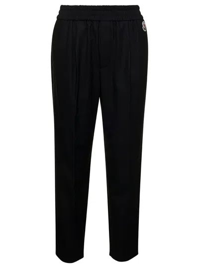 Moncler Black Jogger Pants With Logo Patch In Wool Blend Woman