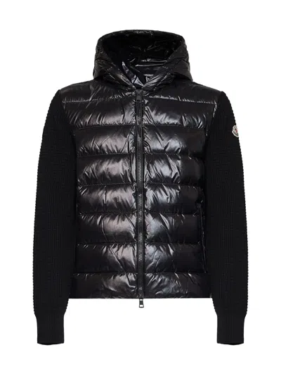 Moncler Black Knit And Nylon Padded Zip-up Hooded Cardigan