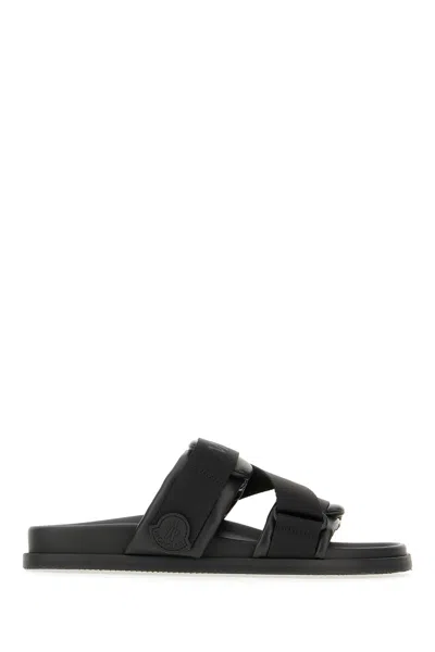 Moncler Black Leather And Fabric Sandals In Animal Print