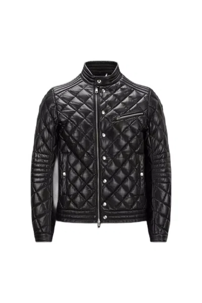 Moncler Black Leather Biker Jacket For Men In 999