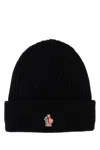 Moncler Grenoble Black Ribbed Beanie With Logo Patch In Wool Man In Black