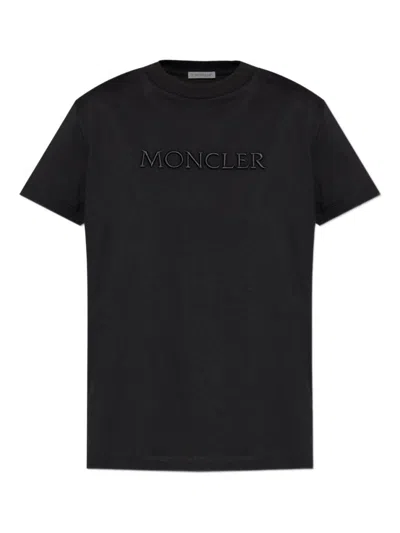 Moncler Cotton T-shirt With Tone-on-tone Embroidered Logo In Black