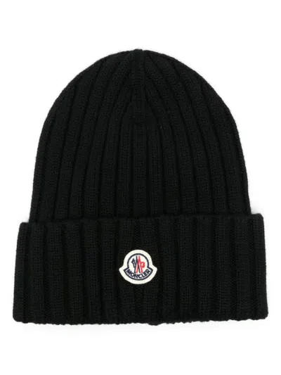 Moncler Black Logo Patch Beanie Hat