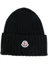Moncler Black Wool Beanie With Logo Patch In Black