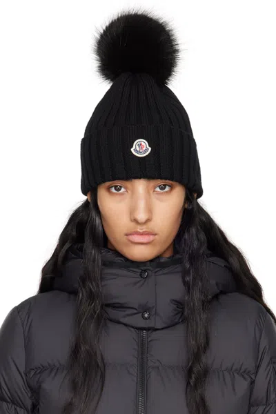 Moncler Black Pom Pom Beanie In 999 Black