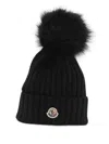 Moncler Ribbed Knit Wool Beanie With Faux Fur Pom-pom In Black