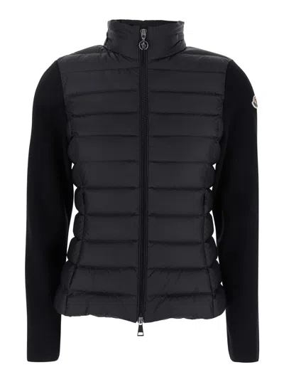 Moncler Black Quilted Cardigan With High Neck And Logo Patch On The Sleeve In Wool And Tech Fabric B In Multicolor
