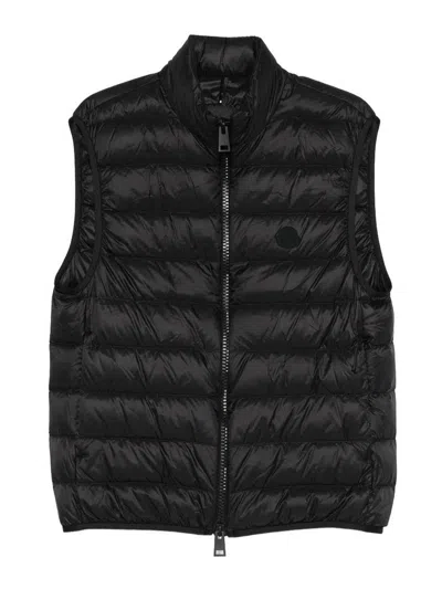 Moncler Black Quilted Gilet With Zip And Logo In Blue