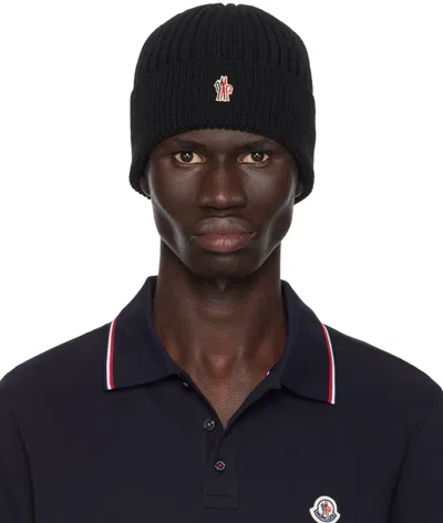 Moncler Black Ribbed Knit Wool Beanie In 999 - Black