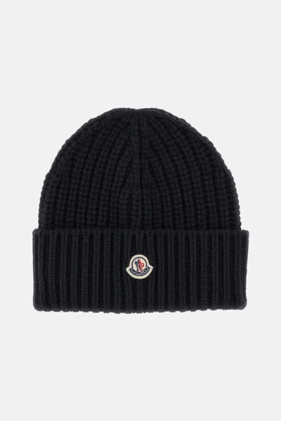 MONCLER BLACK RIBBED TEXTURE BEANIE HAT