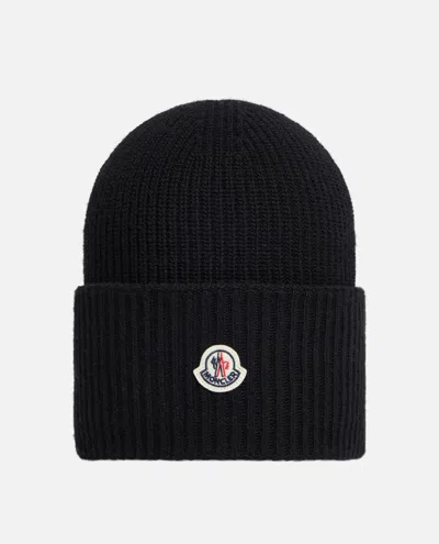 Moncler Black Ribbed Texture Logo Beanie Hat
