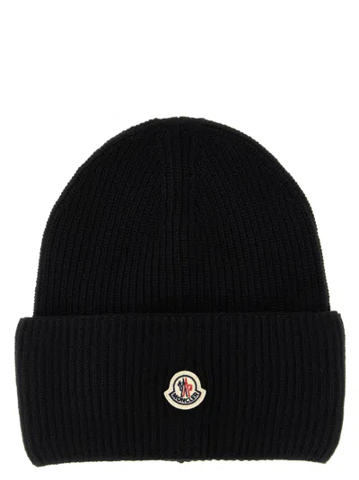 MONCLER BLACK RIBBED TEXTURED BEANIE HAT
