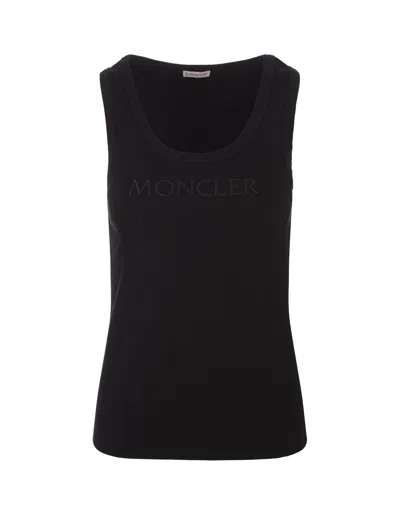Moncler Black Ribbed Top With Logo In Tone