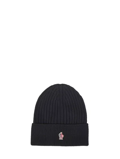 Moncler Black Ribbed Virgin Wool Knit Beanie In Brown