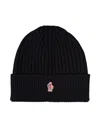 Moncler Black Ribbed Wool Beanie With Logo Patch In Black