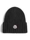 Moncler Logo Patch Rib Wool Beanie In Black