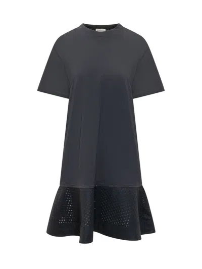 Moncler Black Round Neck Midi Dress In Blue
