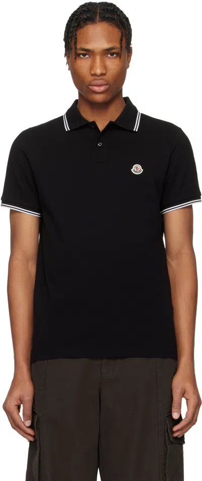 Moncler Black Striped Trim Cotton Piquet Polo In 999