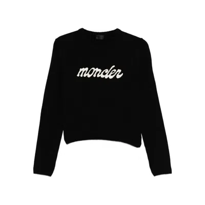 Moncler Cropped Sweater With Contrasting Embroidered Logo In Black