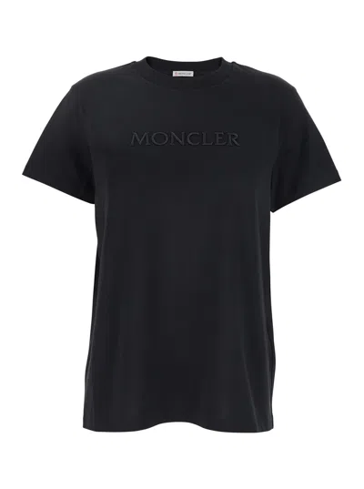 Moncler Black T-shirt With Embroidered Logo On The Front And Logo Patch On The Sleeve In Cotton Woma
