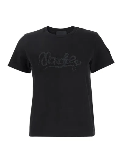 Moncler Black T-shirt With Logo Embroidered On The Front In Cotton Woman