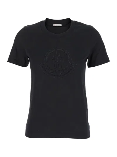 Moncler Black T-shirt With Rhinestone Logo In Cotton Woman