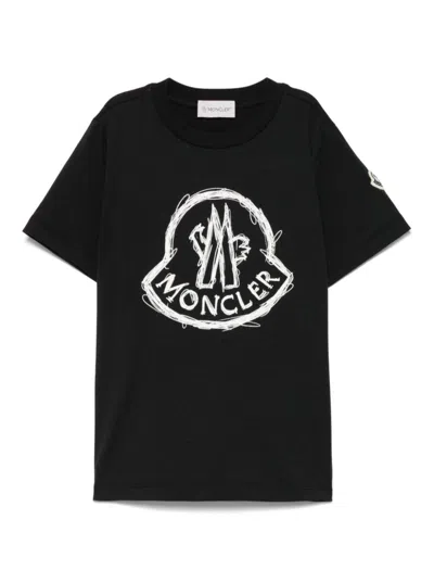 Moncler Kids' Black T-shirt With Round Neck, Logo On The Front, And Logo Patch On The Sleeve In Cotton Boy