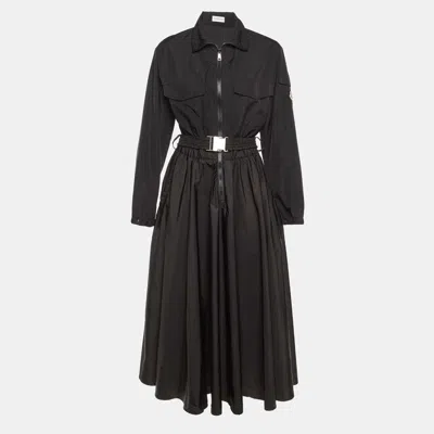Pre-owned Moncler Black Taffetta Belted Shirt Dress L