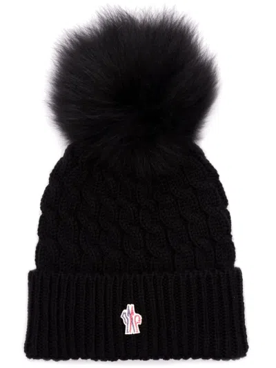 MONCLER BLACK TEXTURED POM POM BEANIE HAT