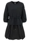 Moncler Black Dress With Elastic Waist And Logo Patch On The Sleeve In Tech Fabric Woman In Black