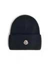 Moncler Ribbed Knit Carded Wool Beanie With Felt Logo Patch In Black