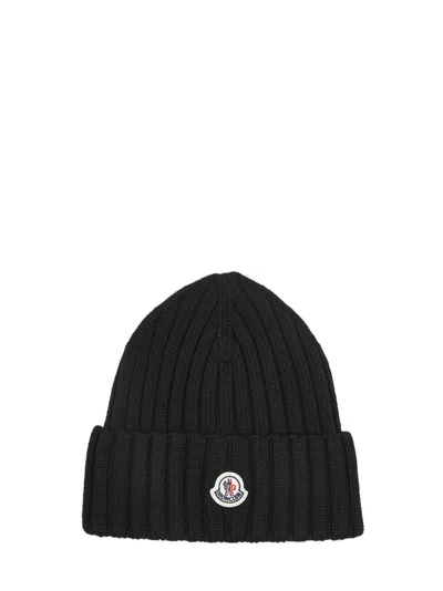 MONCLER BLACK VIRGIN WOOL KNIT LOGO BEANIE