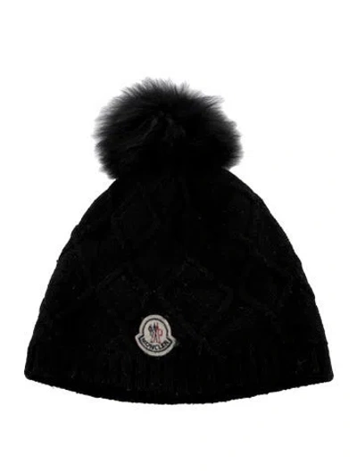 Pre-owned Moncler Black Virgin Wool  Beanie With Fur Pom-pom Embellishment At Top.