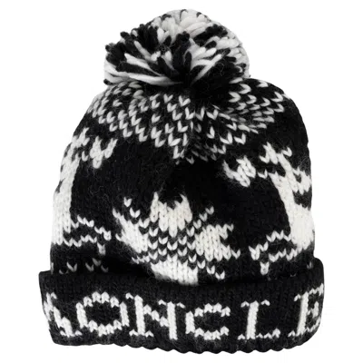 Pre-owned Moncler Black White Wool Pompom Beanie Hat One Size