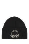 Moncler Black Wool Knit Logo Patch Beanie In Black