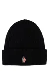 Moncler Grenoble Black Ribbed Beanie With Logo Patch In Wool Man In Black