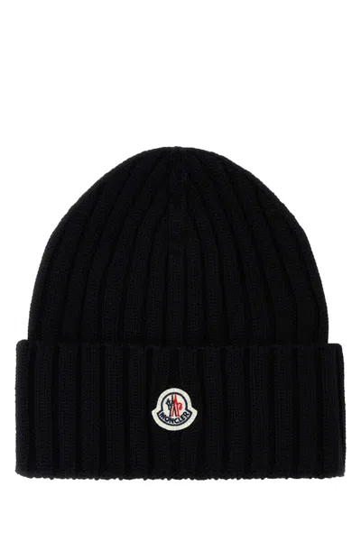 Moncler Black Wool Beanie Hat In 999