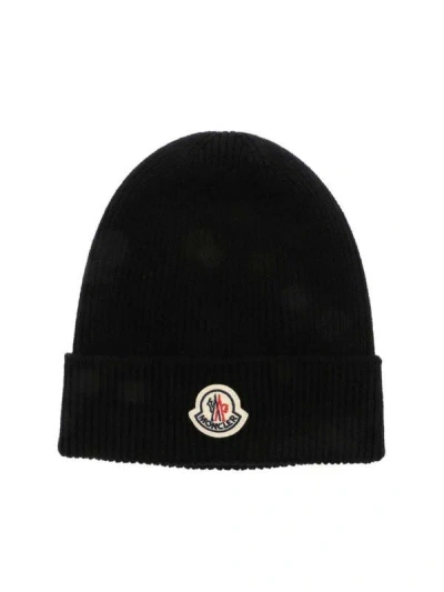 Moncler Black Wool Beanie With Logo Patch