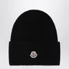 Moncler Black Wool Beanie With Logo Patch In Black
