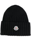 Moncler Black Wool Beanie With Logo Patch In Black