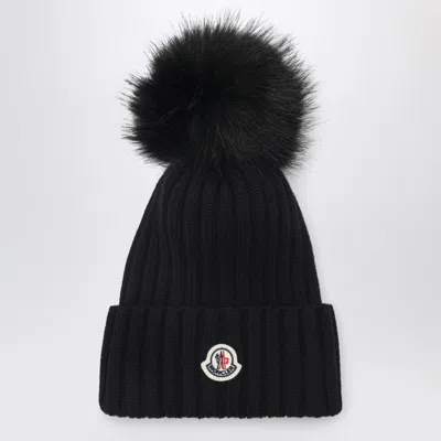 Moncler Black Wool Beanie With Pom-pom