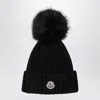 Moncler Ribbed Knit Wool Beanie With Faux Fur Pom-pom In Black