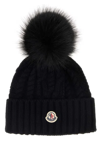 MONCLER BLACK WOOL BLEND BEANIE HAT